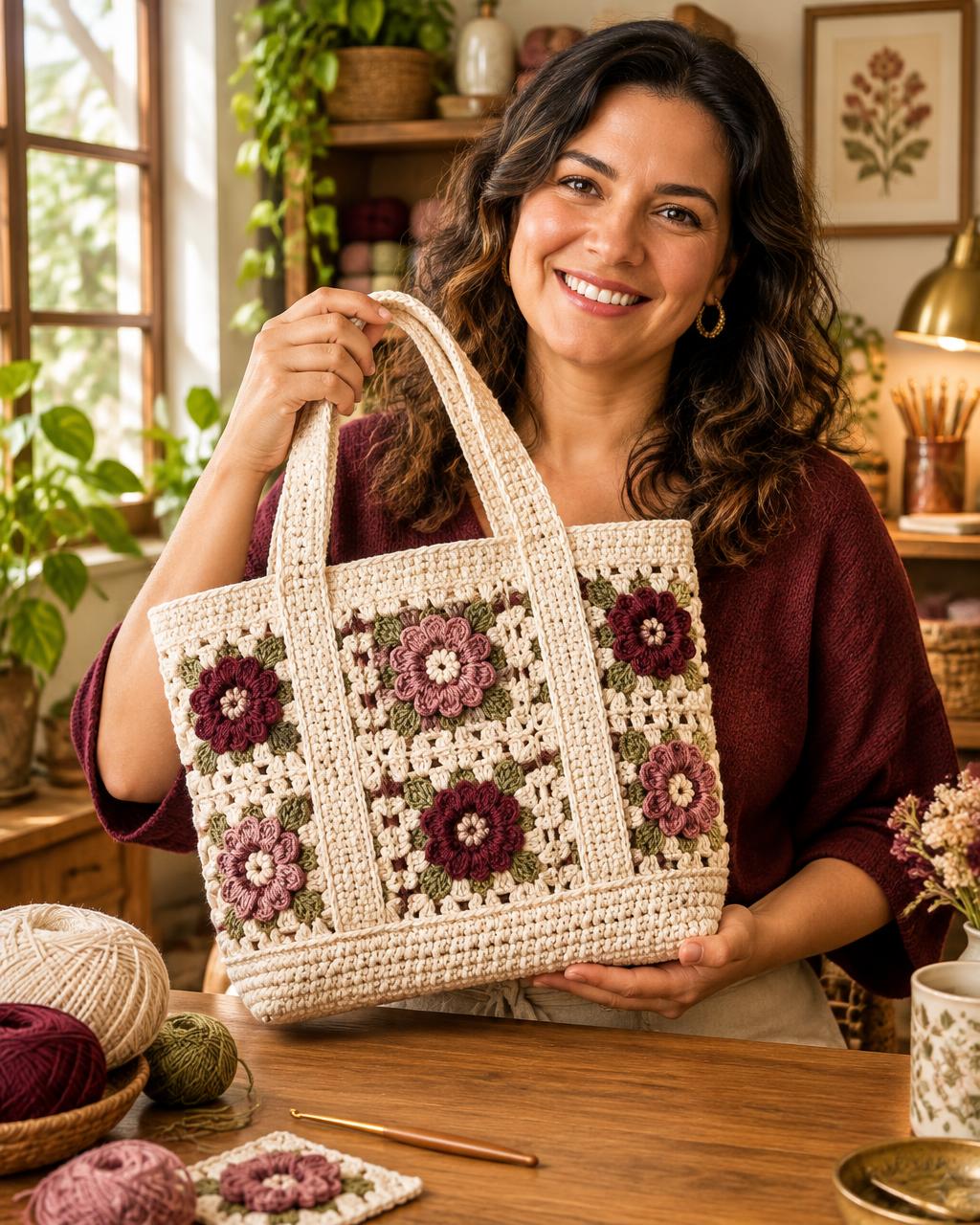Artesã mostrando sua primeira bolsa de crochê